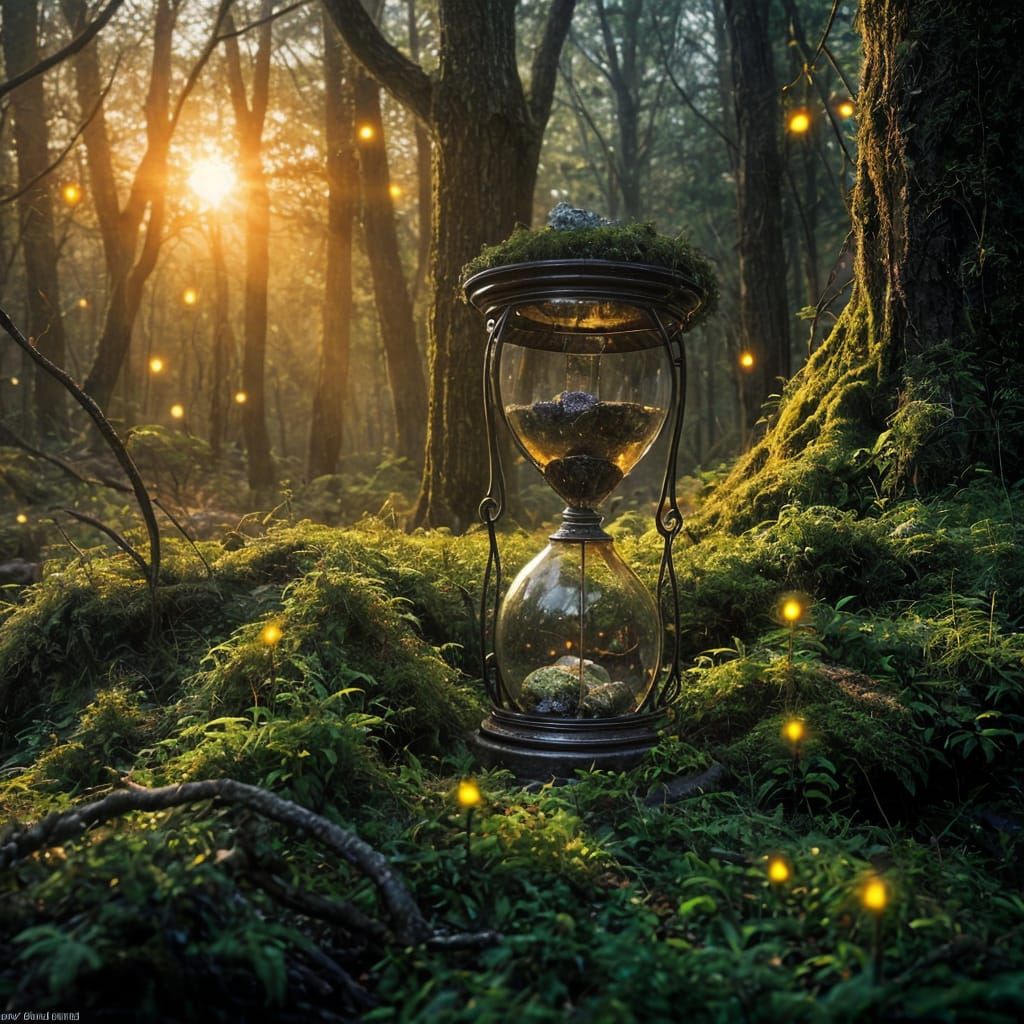 Mossy Hourglass in Forest: Dark Fantasy Concept Art