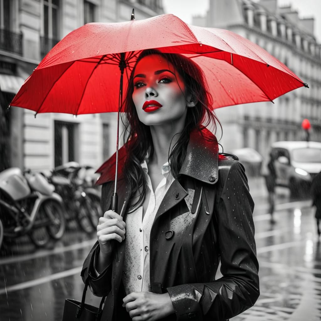 Parisian Woman in Rain with Red Umbrella