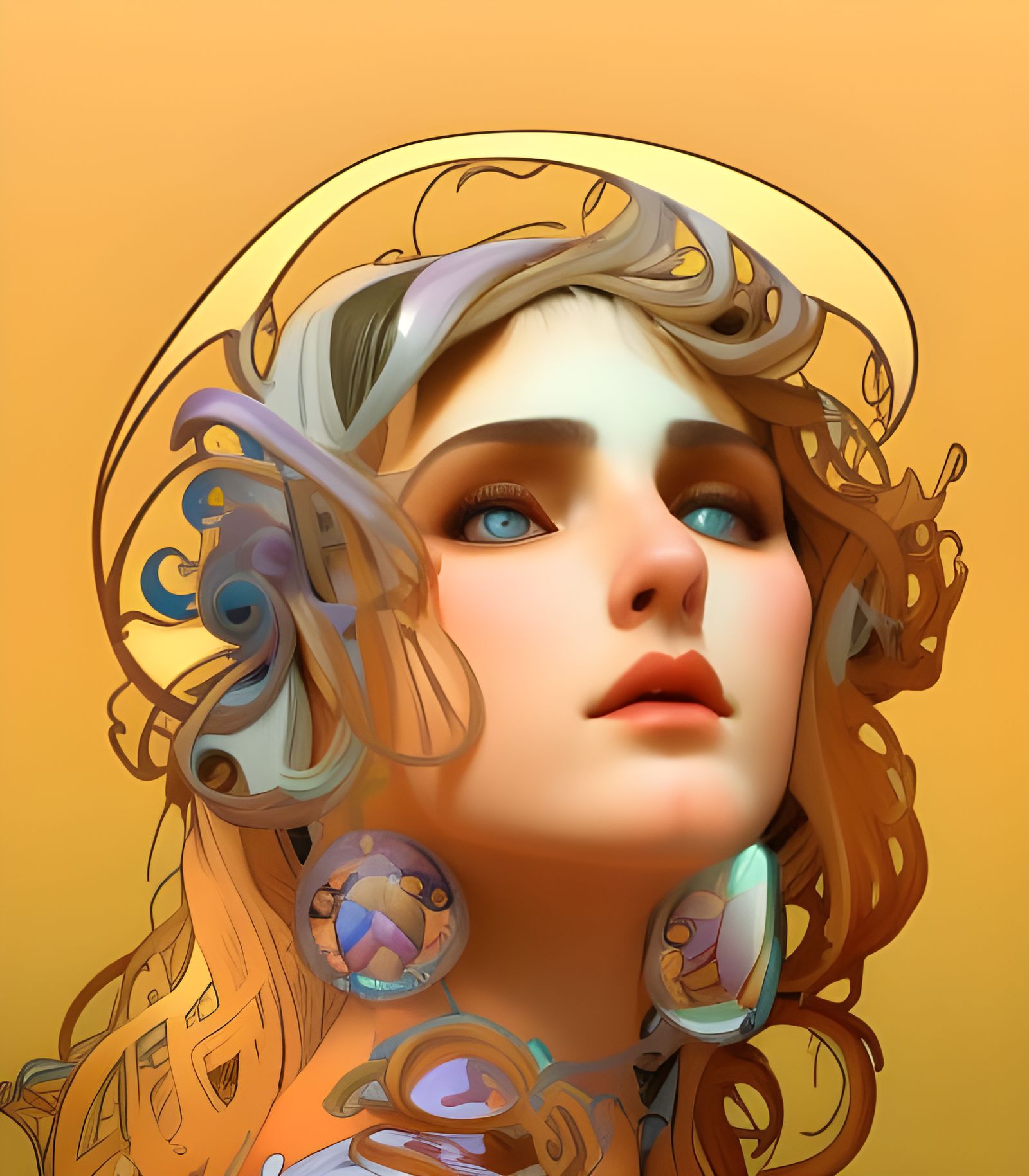 Aphrodite's Futuristic Journey: A Mucha-Inspired Portrait