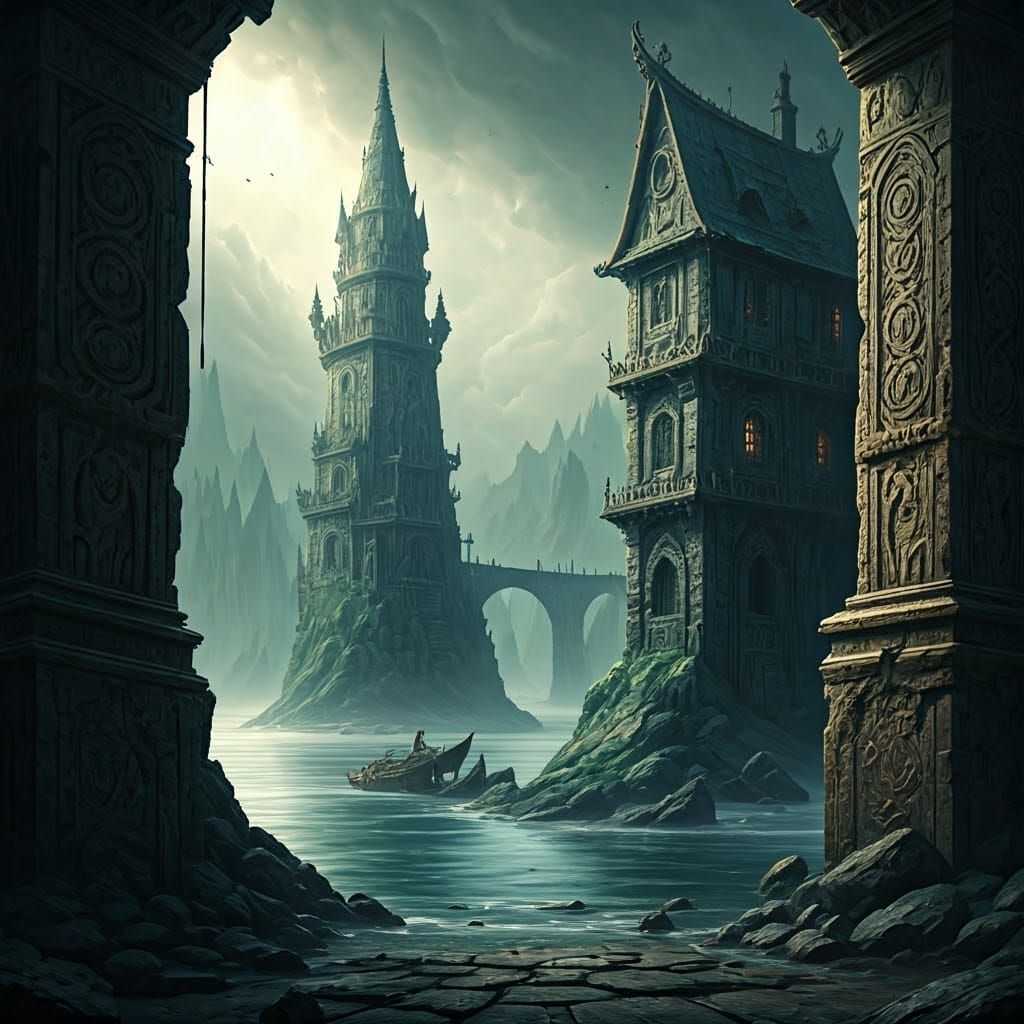 Fantastical Coastal Village in Eerie, High-Contrast Silvery ...