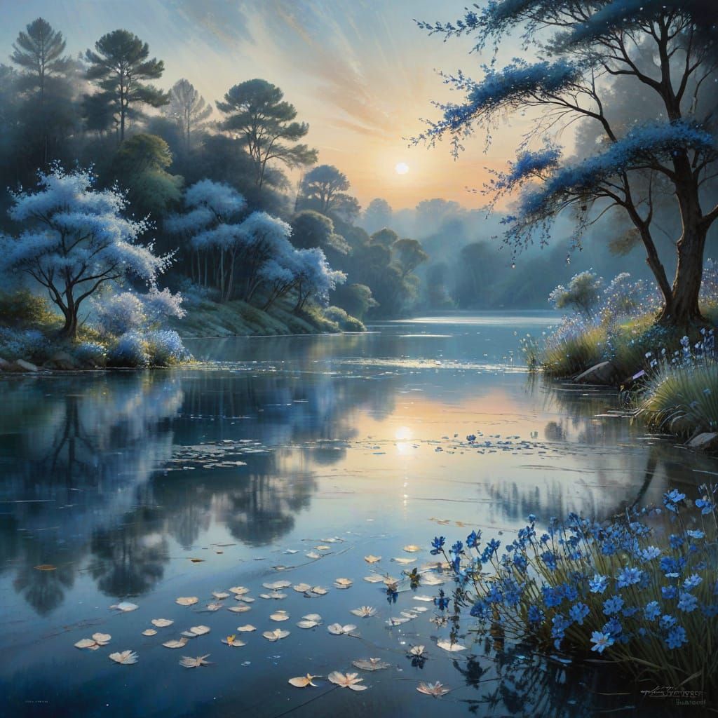 Dreamy Watercolor of a Serene Blue Lake with Wisteria Trees ...