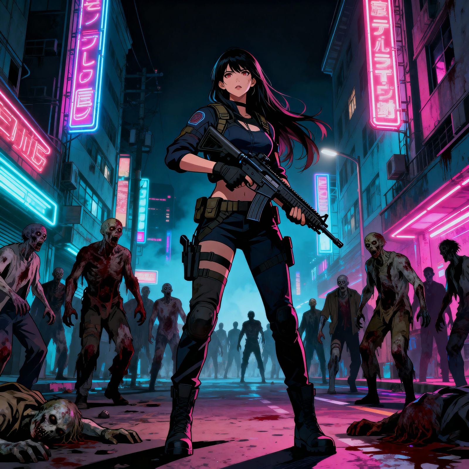 Cyberpunk Warrior Fights Zombies in Neon City