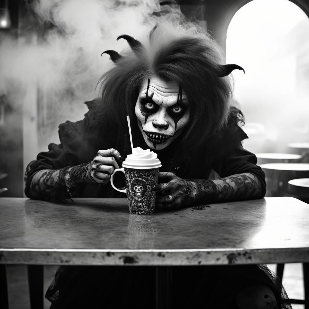 Goth Zombie Monkey Clown in Moody Coffee Shop