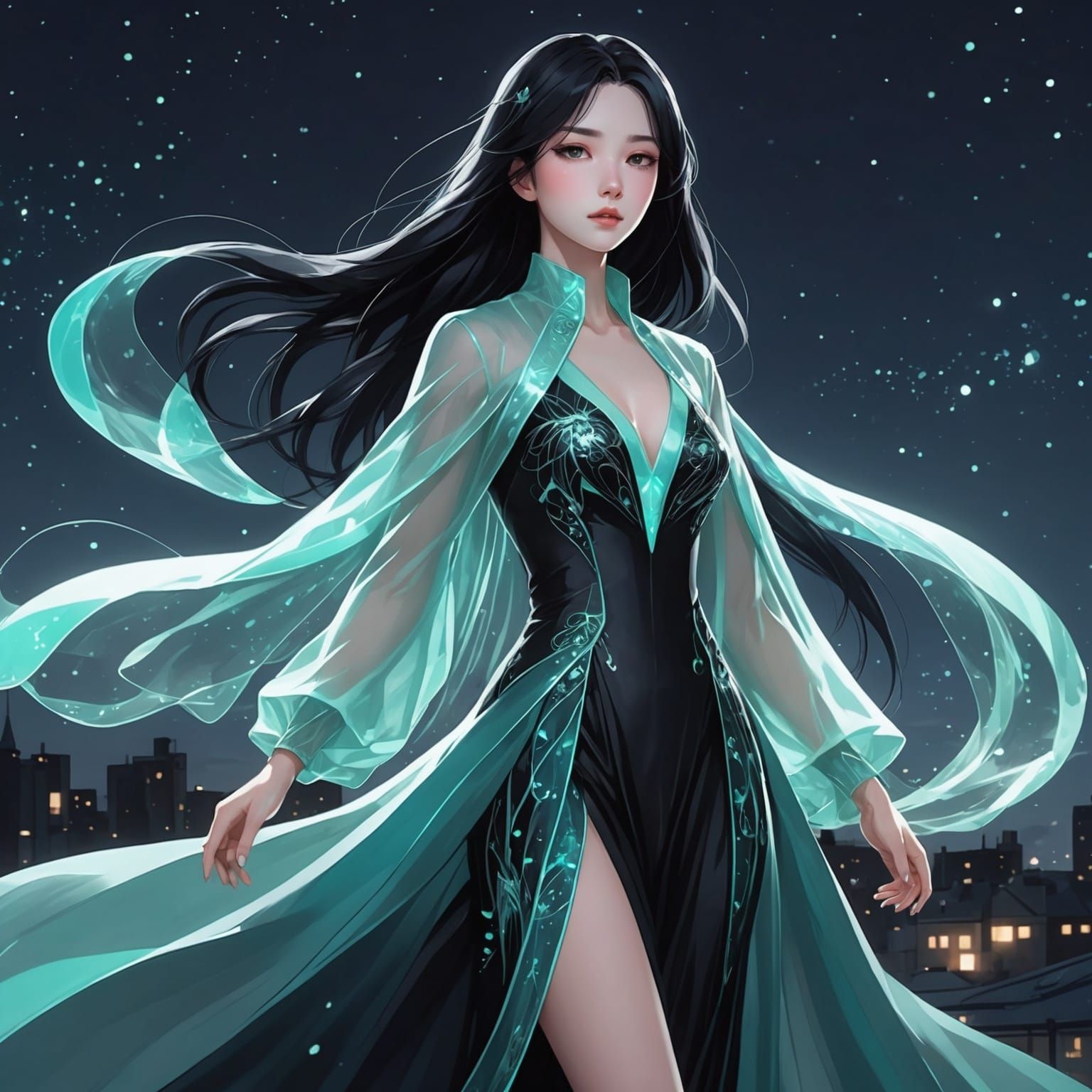 Anime Girl in Biofluorescent Coat and Dress