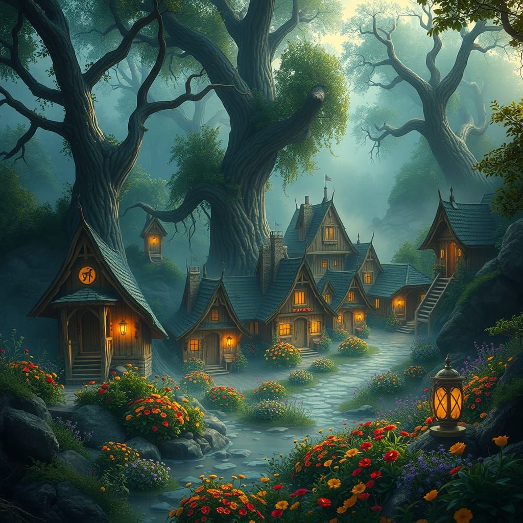 Mystical Village with Glowing Runes in Digital Art Style