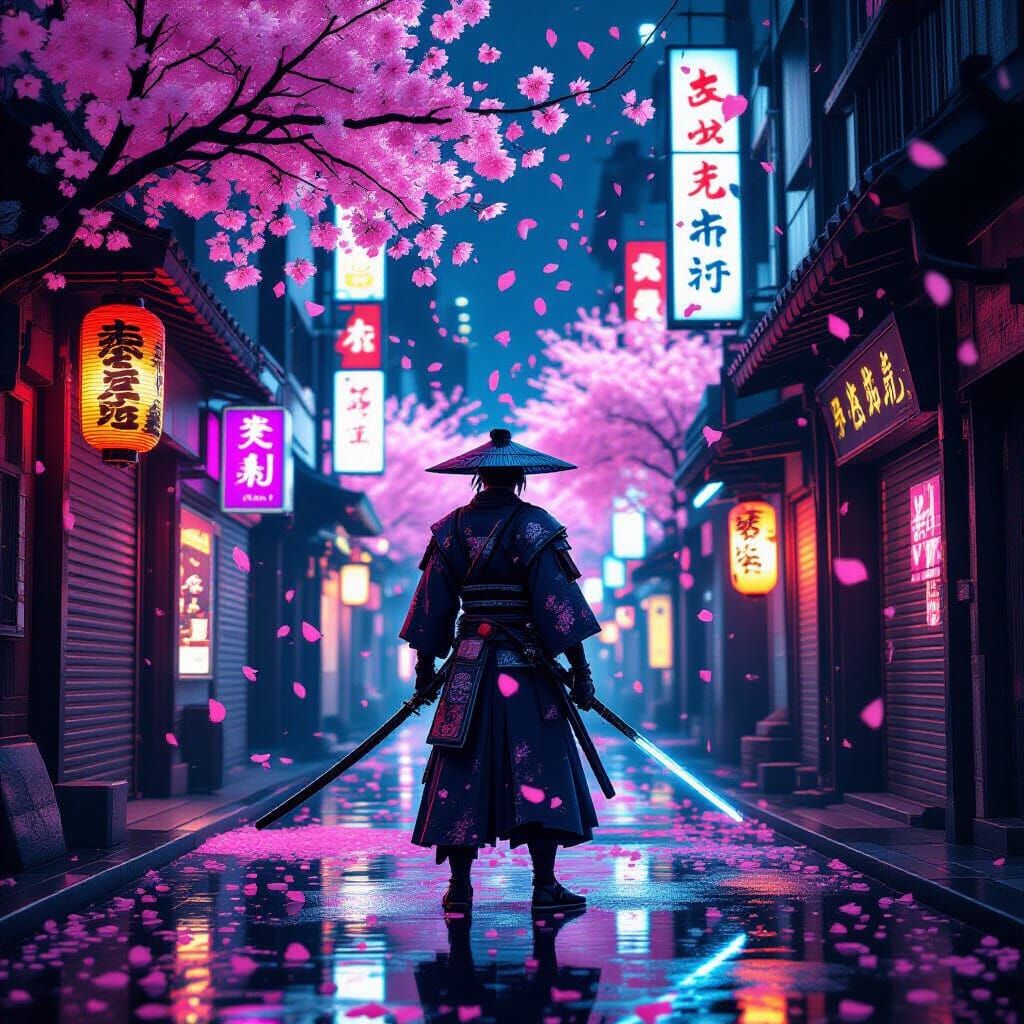 Cyberpunk Samurai in Tokyo Alleyway