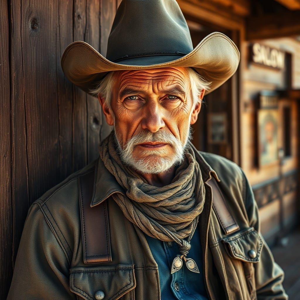 Aging Cowboy Portrait in Dusty Western Town