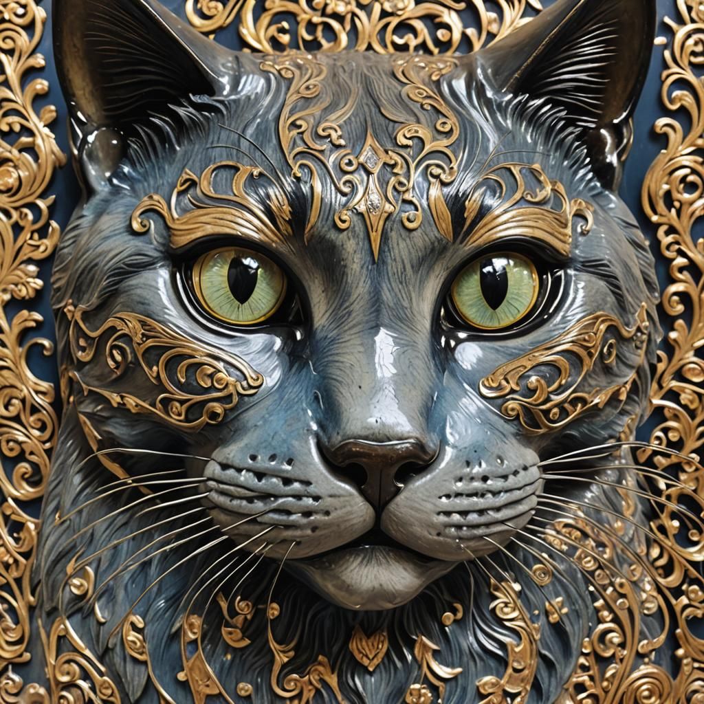 Ceramic Black Cat with Golden Inlay