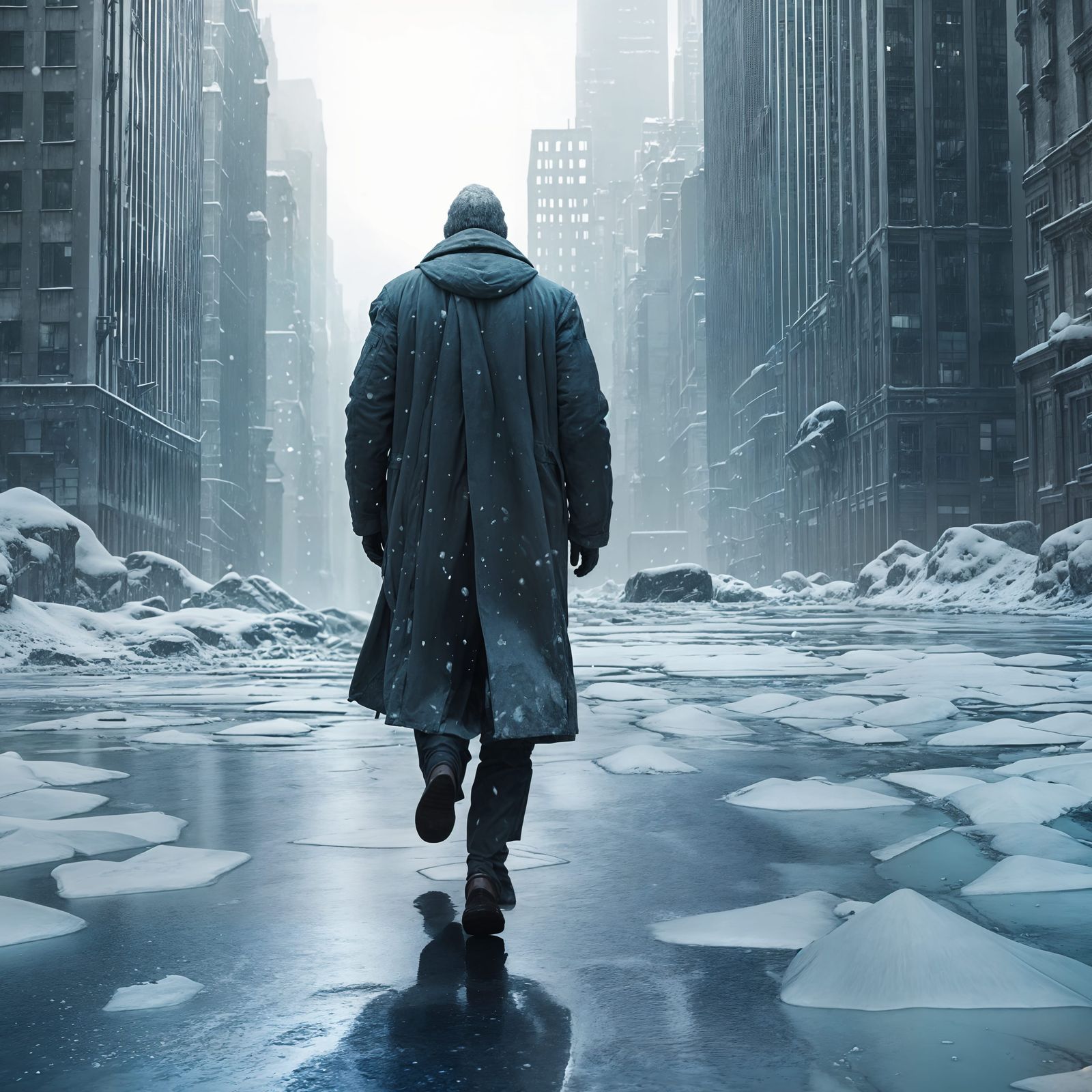 Desolate Cityscape in Icy Blues and Grays