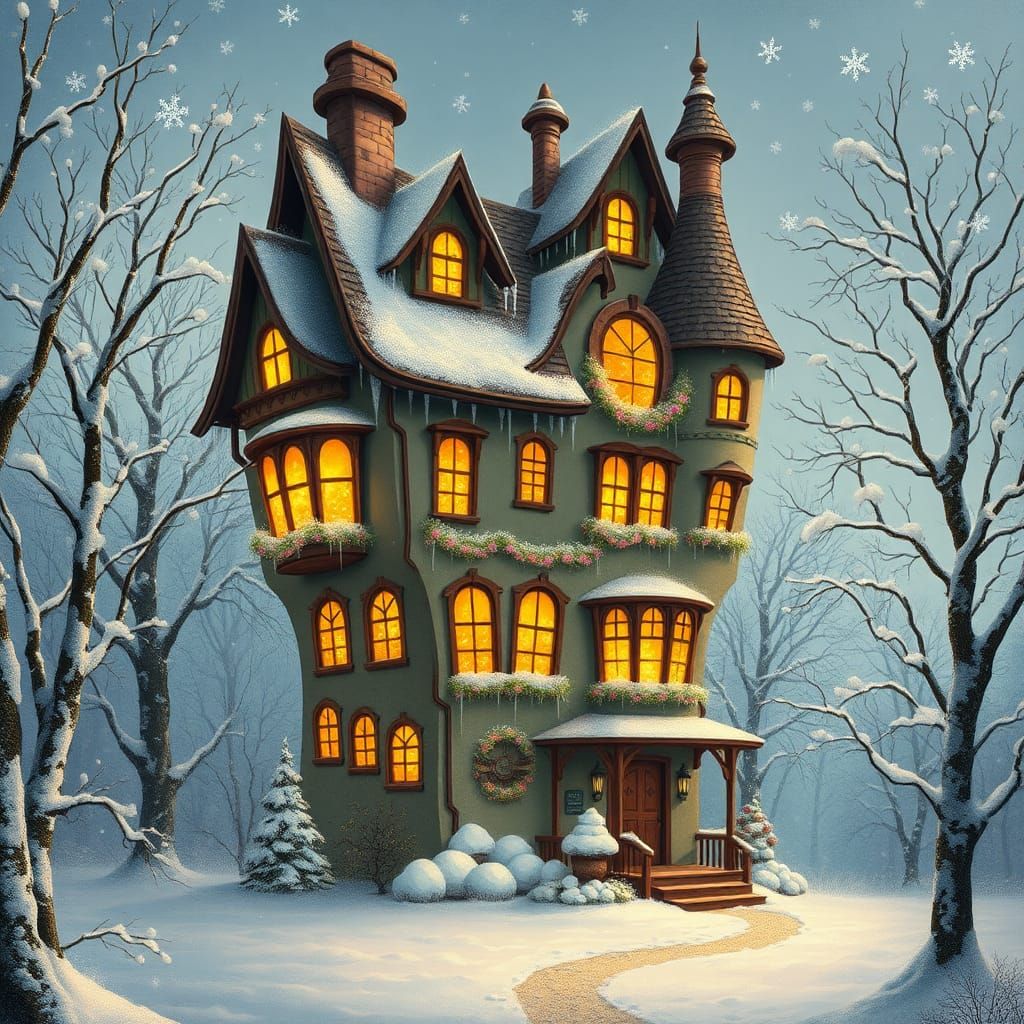 A whimsical Dr. Seuss-style house set in a magical winter wonderland. The tall, skinny house features wonky towers and u...