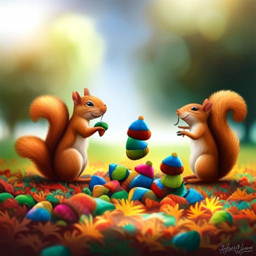 Squirrels Frolicking: Graffiti Art with Acorns