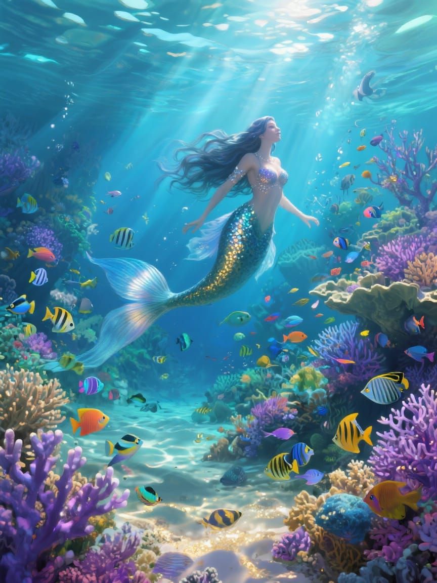 Enchanting Mermaid in Underwater Coral Reef Scene