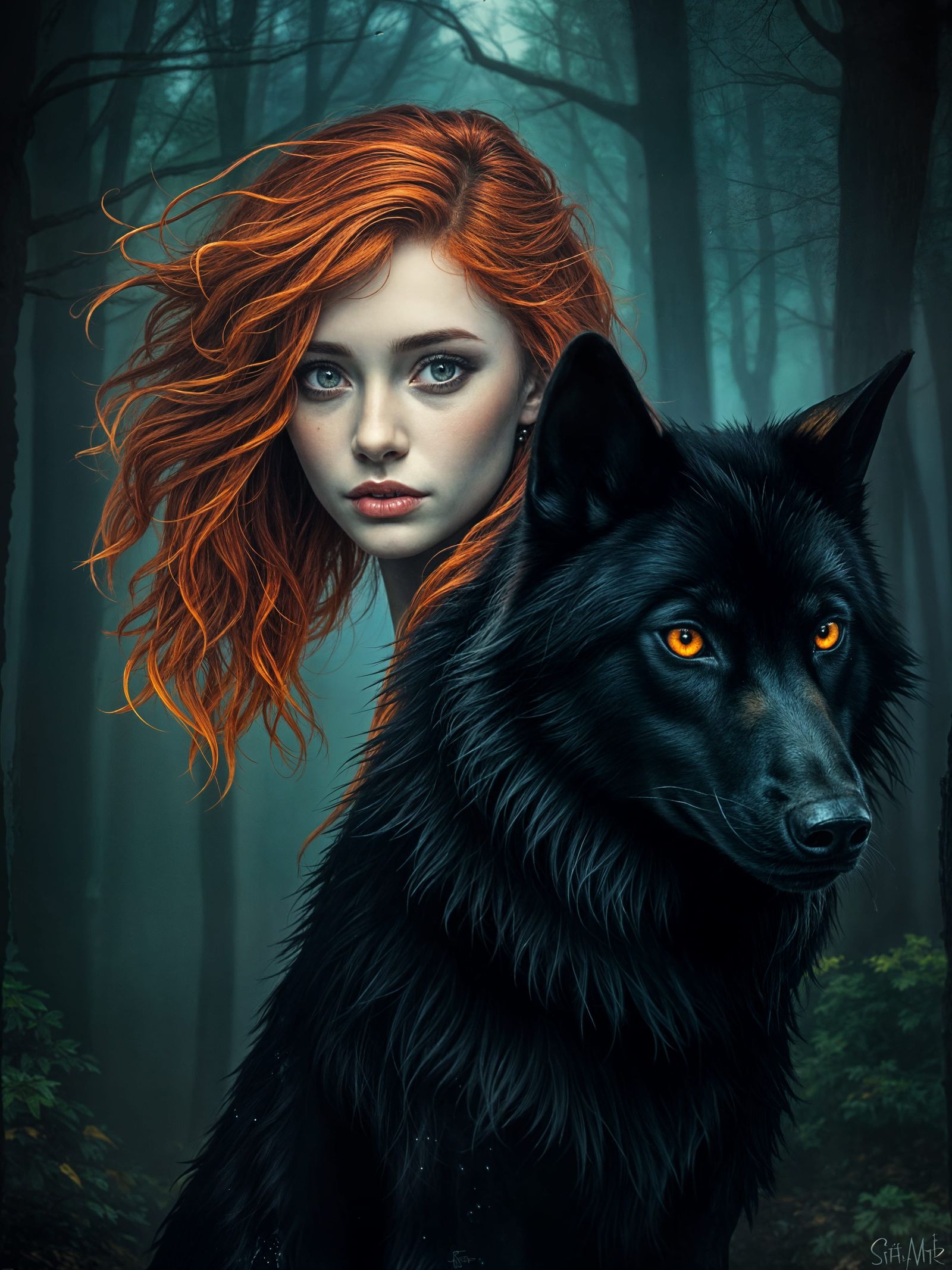 Ukrainian Girl and Black Wolf in Medieval Forest