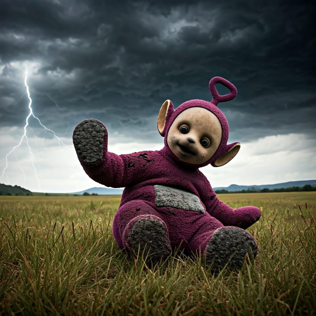 Scorched Teletubby Practicing Martial Arts in Stormy Field