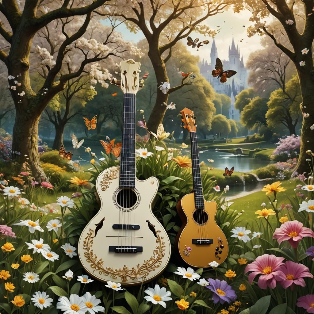 White Guitars and Ukulele in Fairytale Landscape