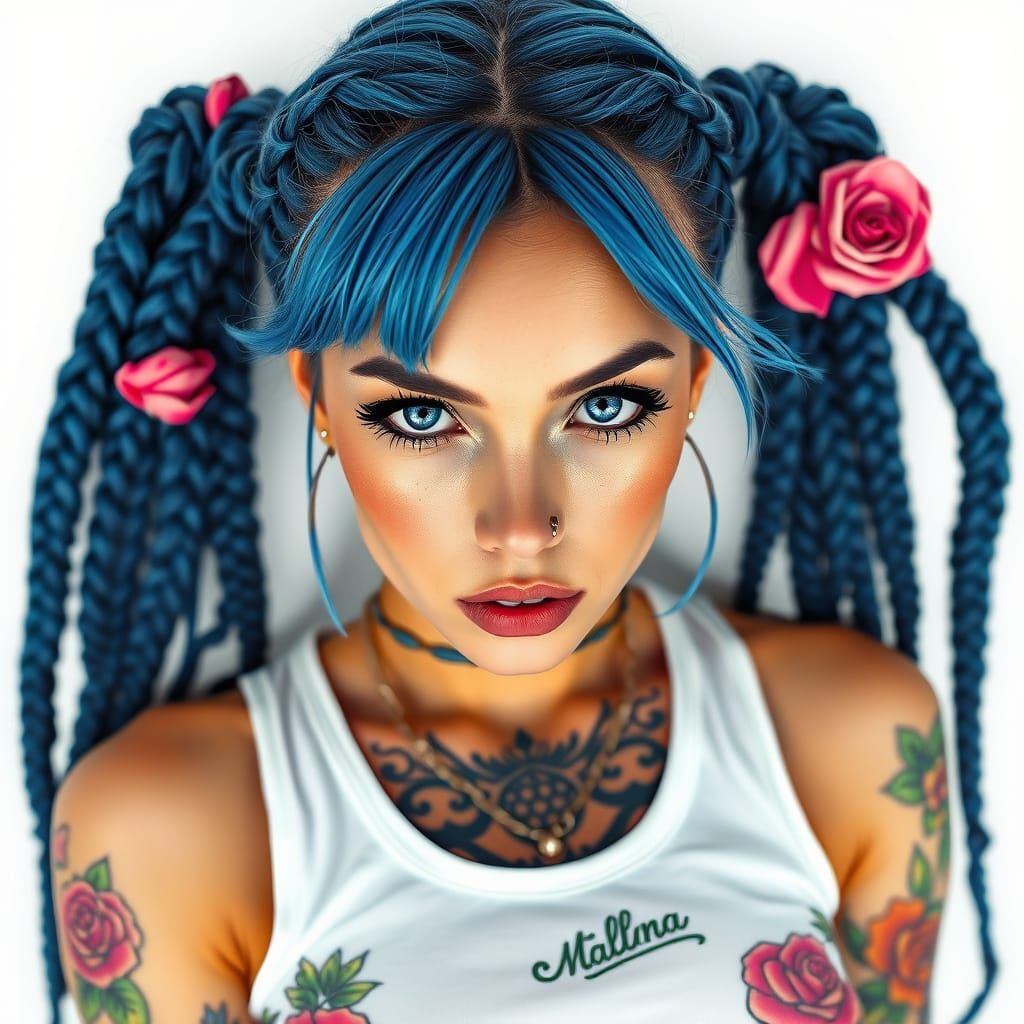 Hyper-Realistic Portrait of a Trendy Young Woman with Blue H...
