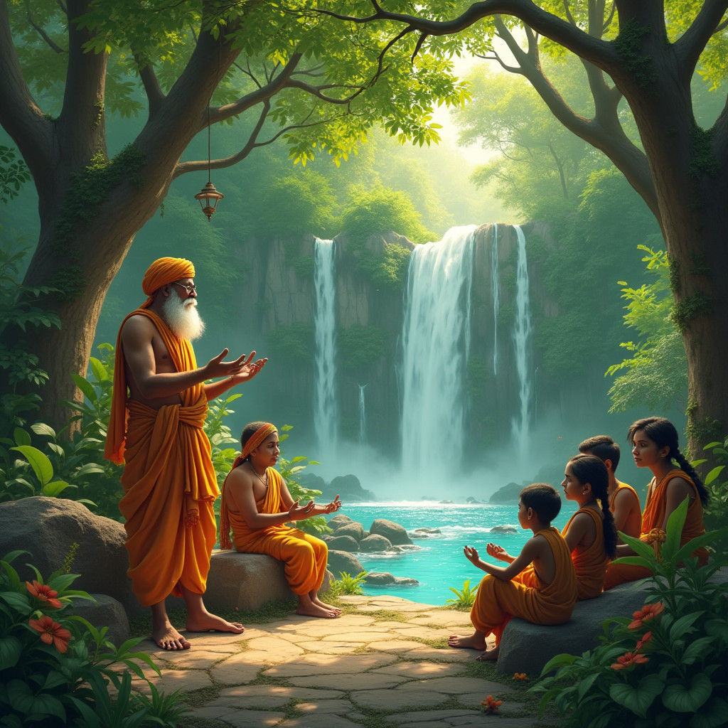 Indian School Master Teaching Under Lush Canopy