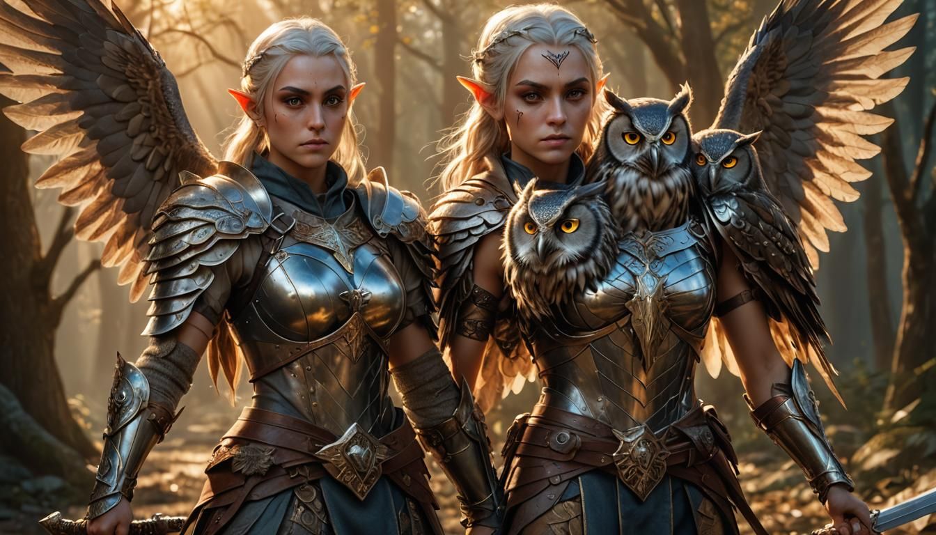 Epic Elf Warrior in Battle with Owl Companion