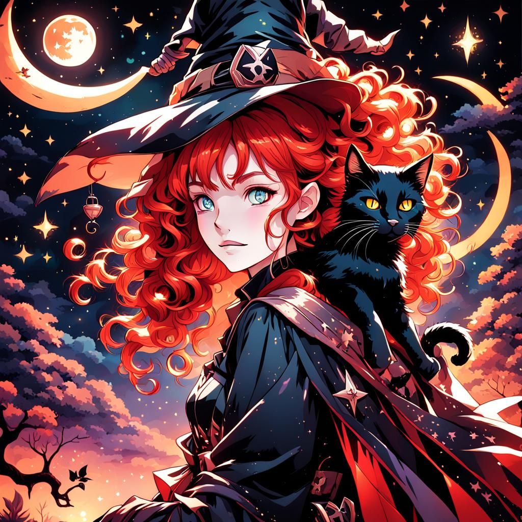 Anime Witch with Cat in Studio Trigger Style