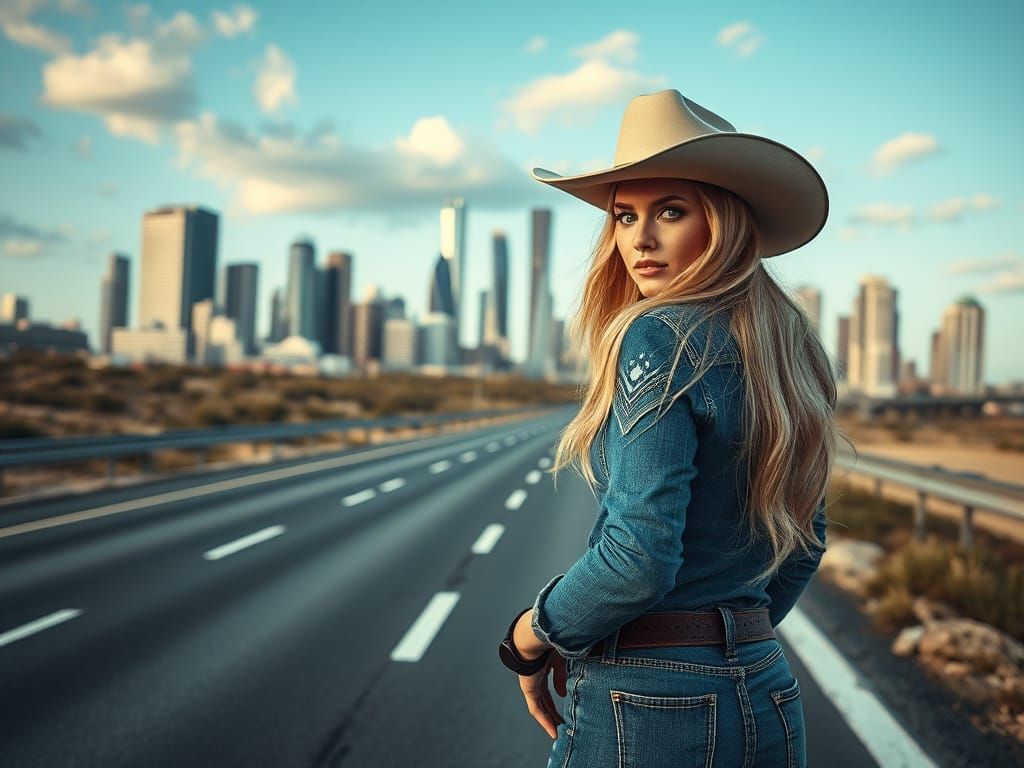 Blue Eyed Blonde Cowboy Woman Walks by Futuristic City