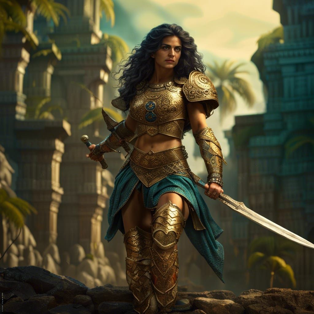 Persian Amazon Warrior with Scimitar, Detailed Digital Paint...