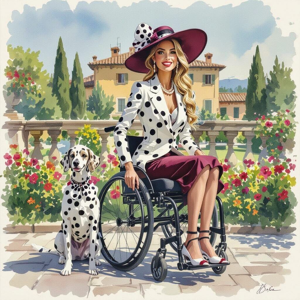 Paraplegic Woman in Polka Dots with Dalmatian in Tuscan Gard...