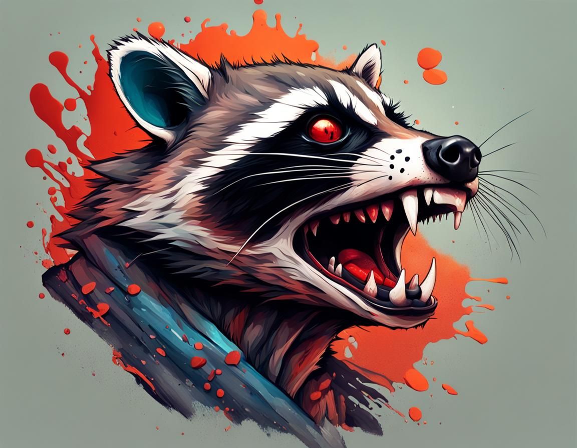 Nightmarish Raccoon Creature with Bloody Eyes