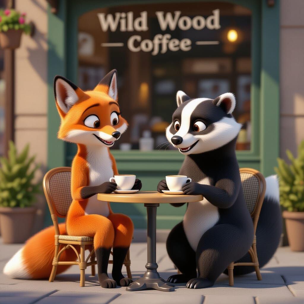 Fox and Badger at Coffee Shop: Pixar Style