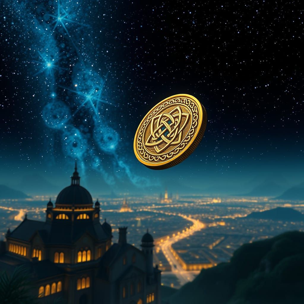 Golden Coin Soars Through Celestial Luthadel Night