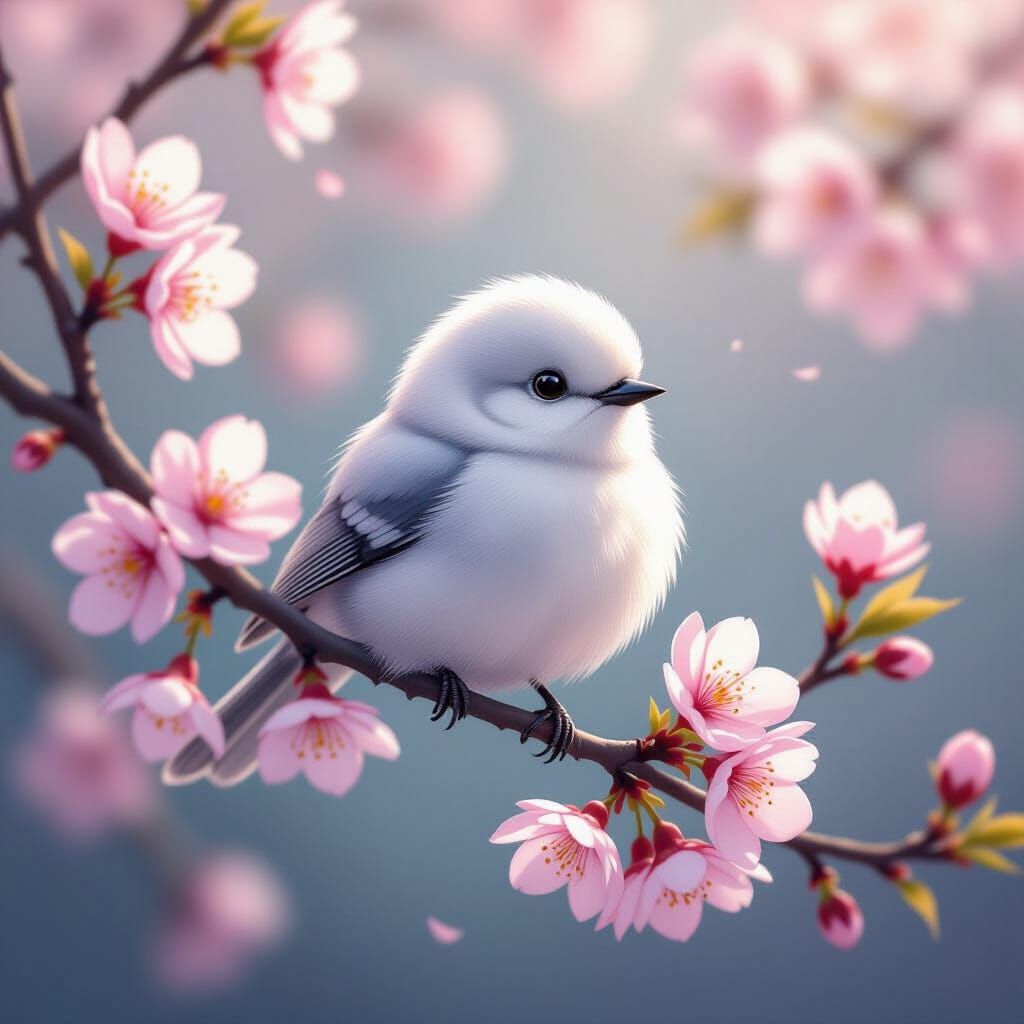 Fluffy White Bird on Cherry Blossom Branch in Ghibli Style
