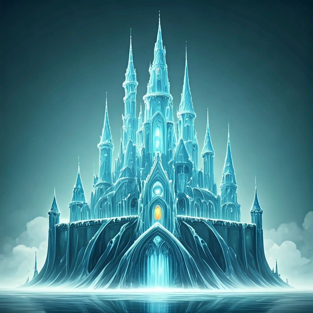 Ethereal Water Castle with Shimmering Towers and Misty Aura