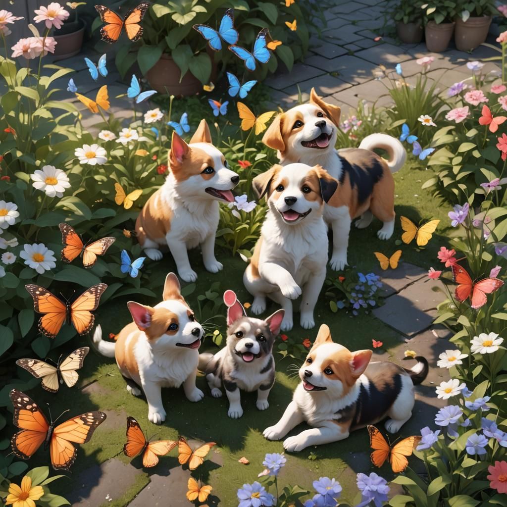 Puppies Playing Happily in 3D Anime Art