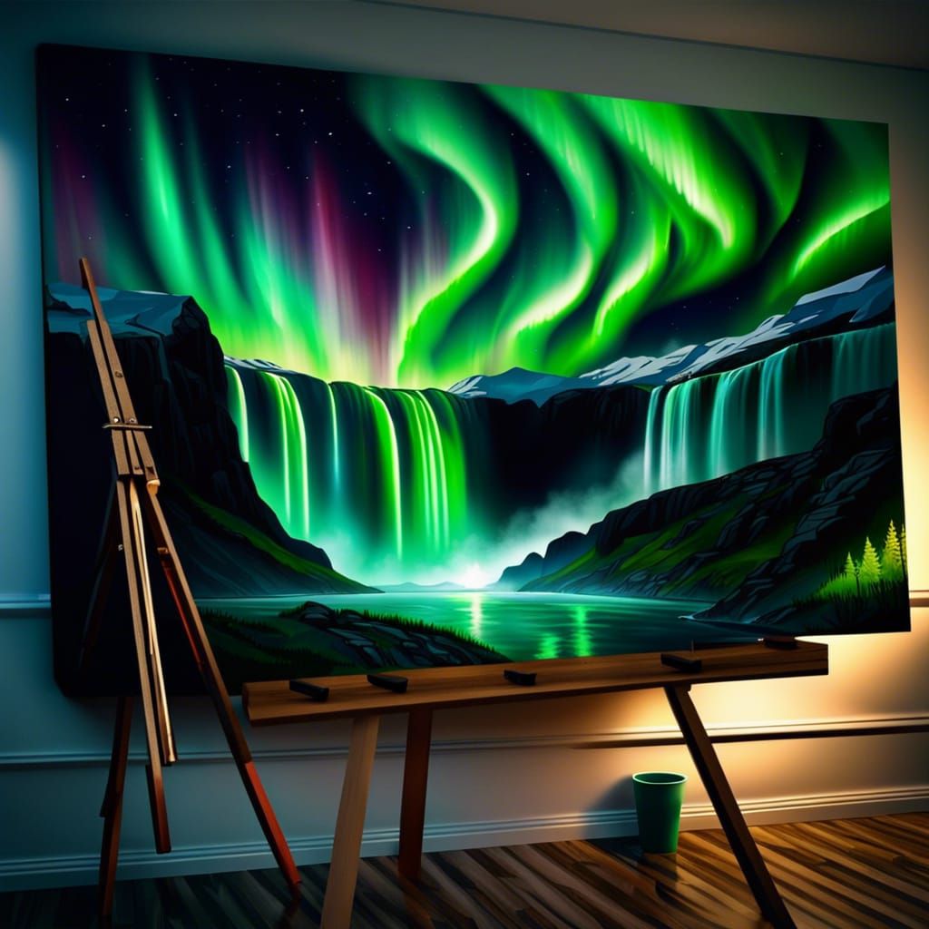 Hyperrealistic Northern Lights Waterfall Landscape in 8K