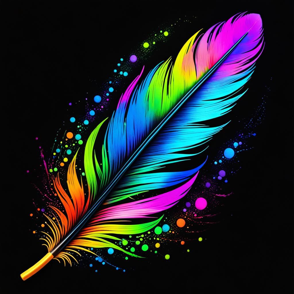 Glowing Feather with Neon Splatter Paint Art