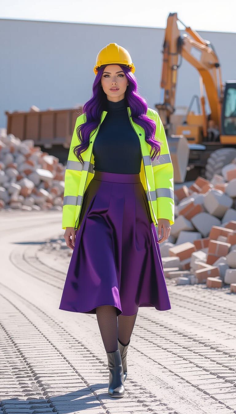 Woman in Safety Gear at Demolition Site on Autumn Day