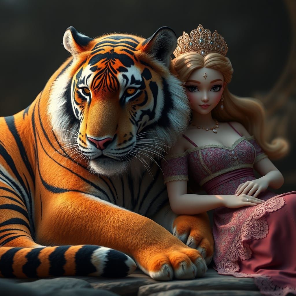 Realistic Animated Character of Rajah: "A large, majestic ti...