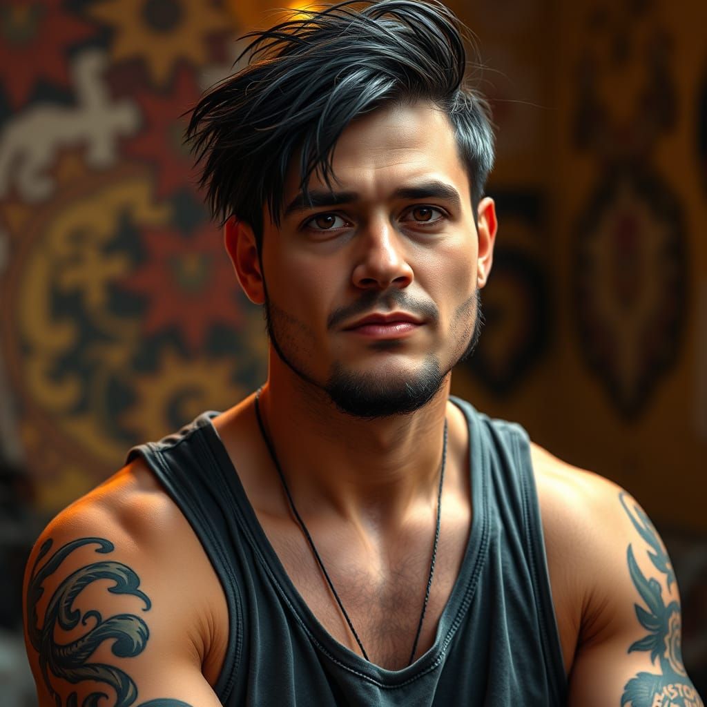 Tattoo Artist Portrait in Dark Fantasy Art Nouveau Style