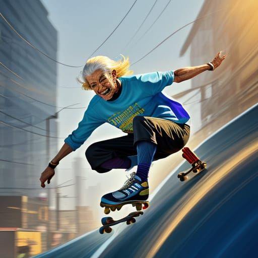 Joyful Elderly Skater in Golden Hour Light