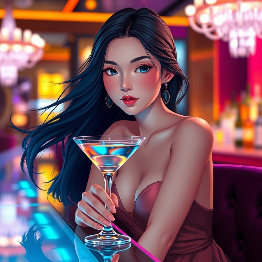 Anime Woman at Cocktail Bar with Bokeh Lighting