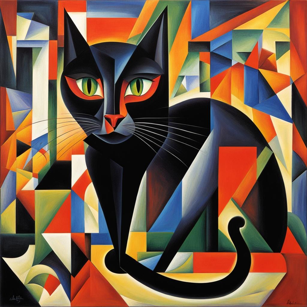 Abstract Cubist Black Cat Inspired by Kurasov and Gleizes