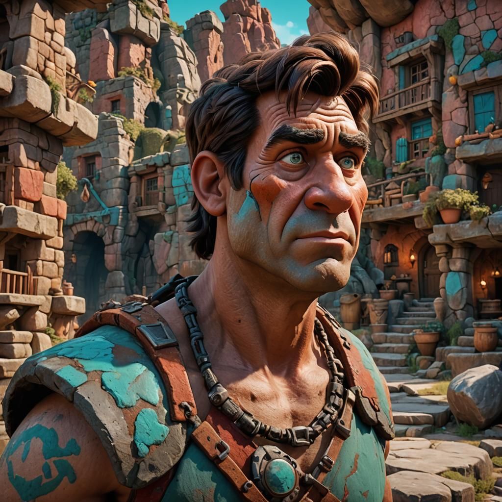 Fred Flintstone Portrait in Stone Age Town