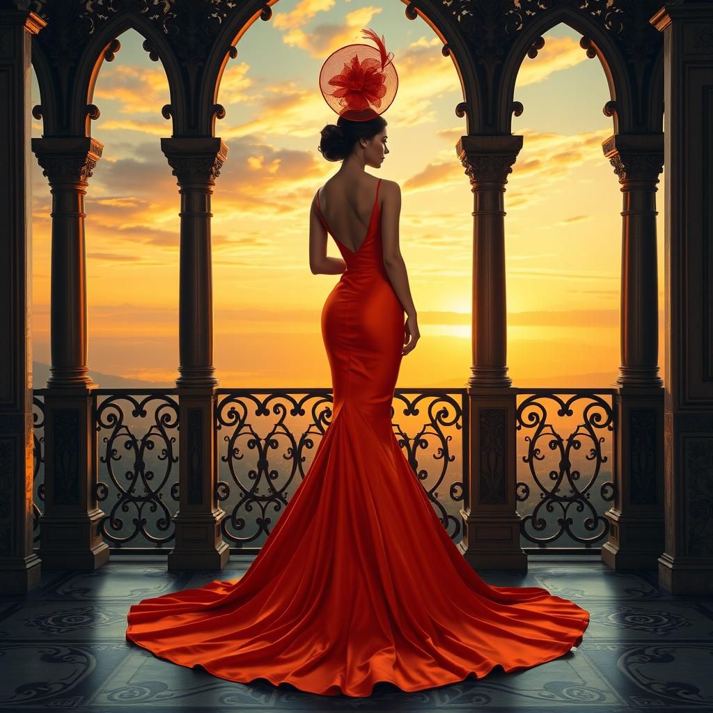 Woman in Orange Gown at Sunset: Pre-Raphaelite Style