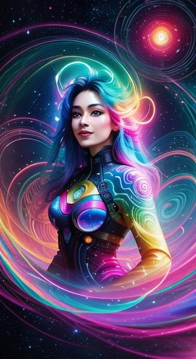 Joyful Chibi Character Surrounded by Vibrant Cosmic Patterns