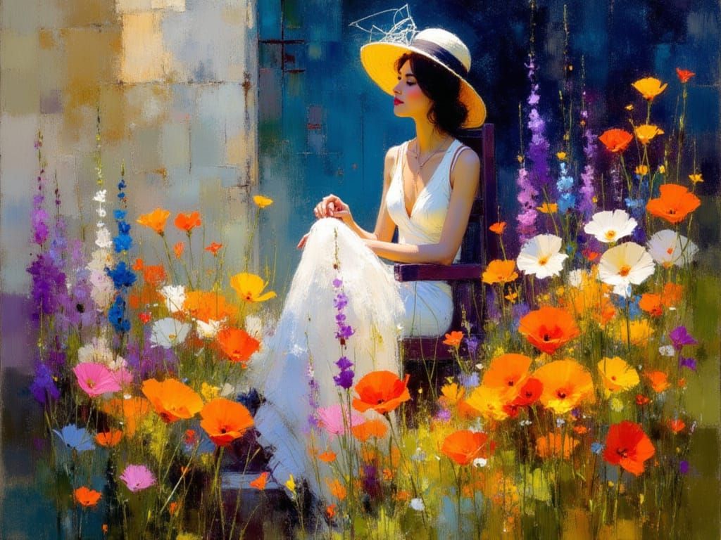 Girl Among Vibrant Blooms in a Dreamlike Landscape