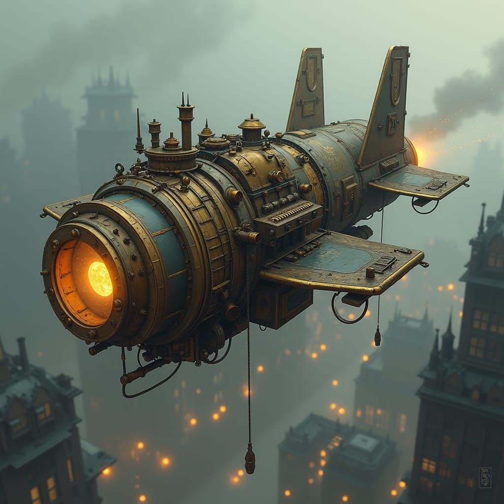 Steampunk Flying Machine Over Victorian City