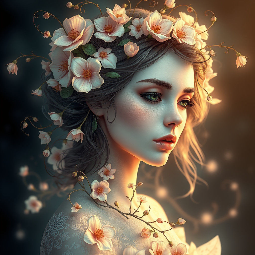 Ethereal Flower Girl Portrait in Mythic Realism Style