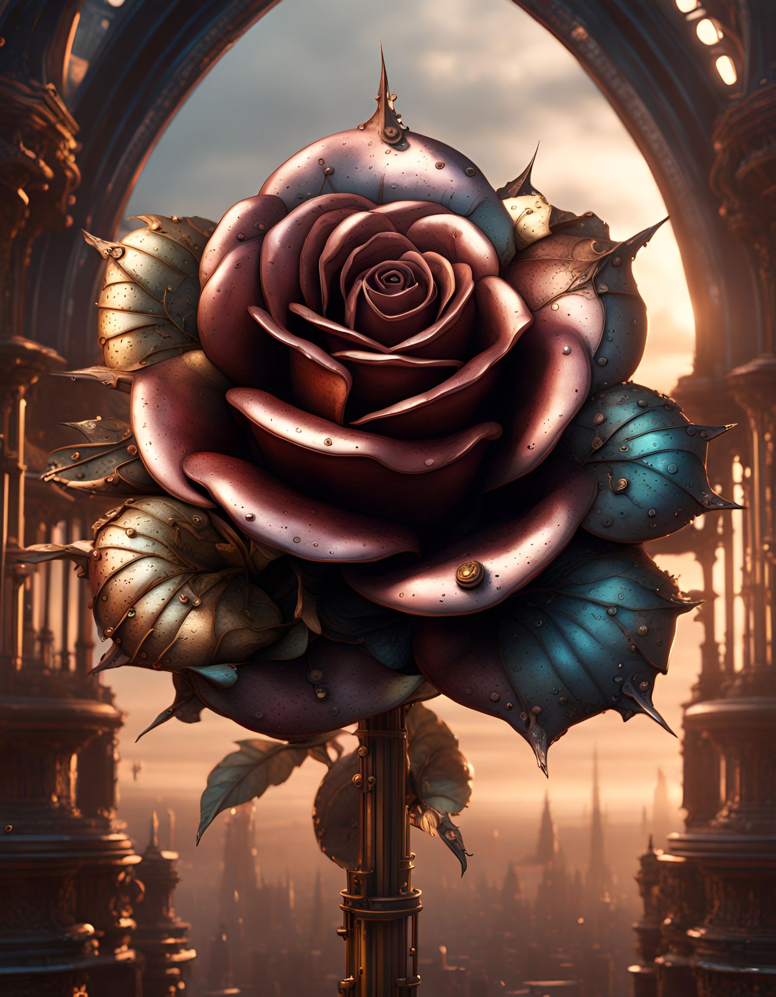 Steampunk Metallic Rose Detailed Digital Art
