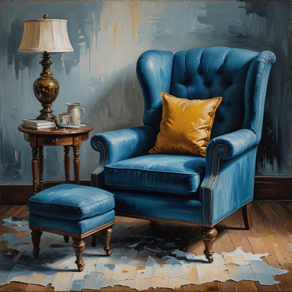 A Cozy Blue Armchair in Oil Painting Style