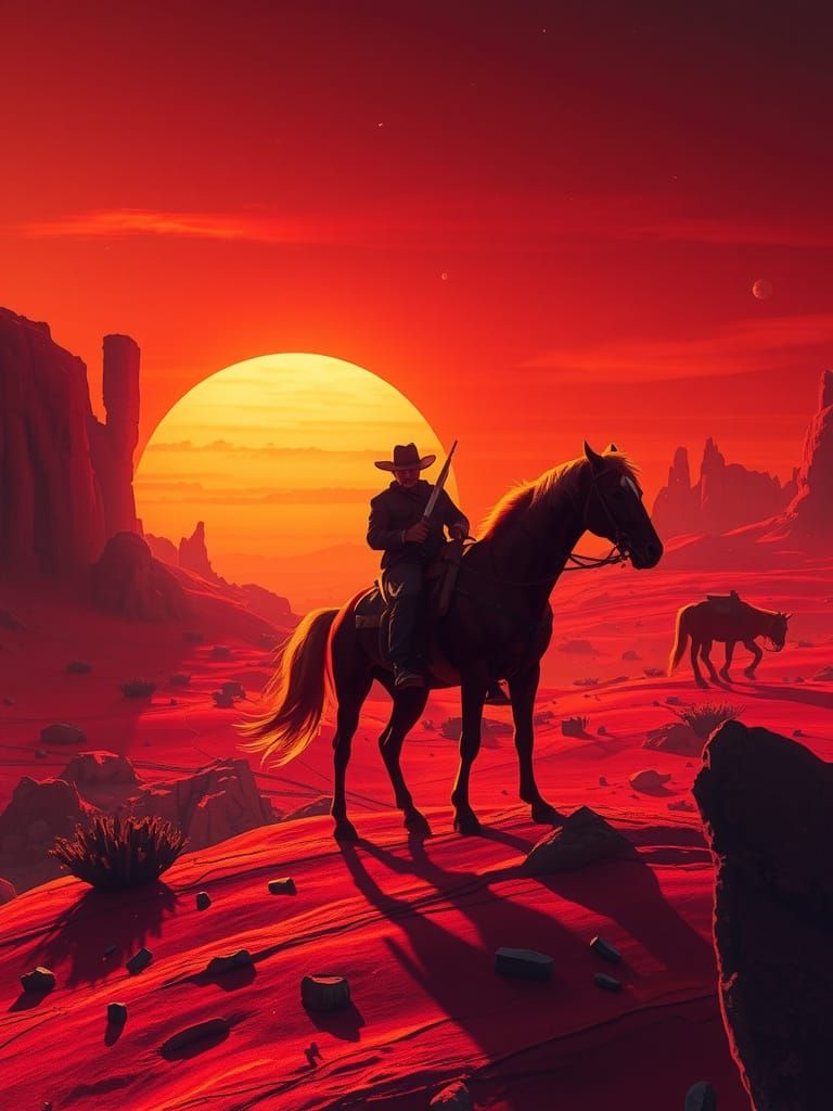 Cowboy on Alien Planet at Fiery Sunset