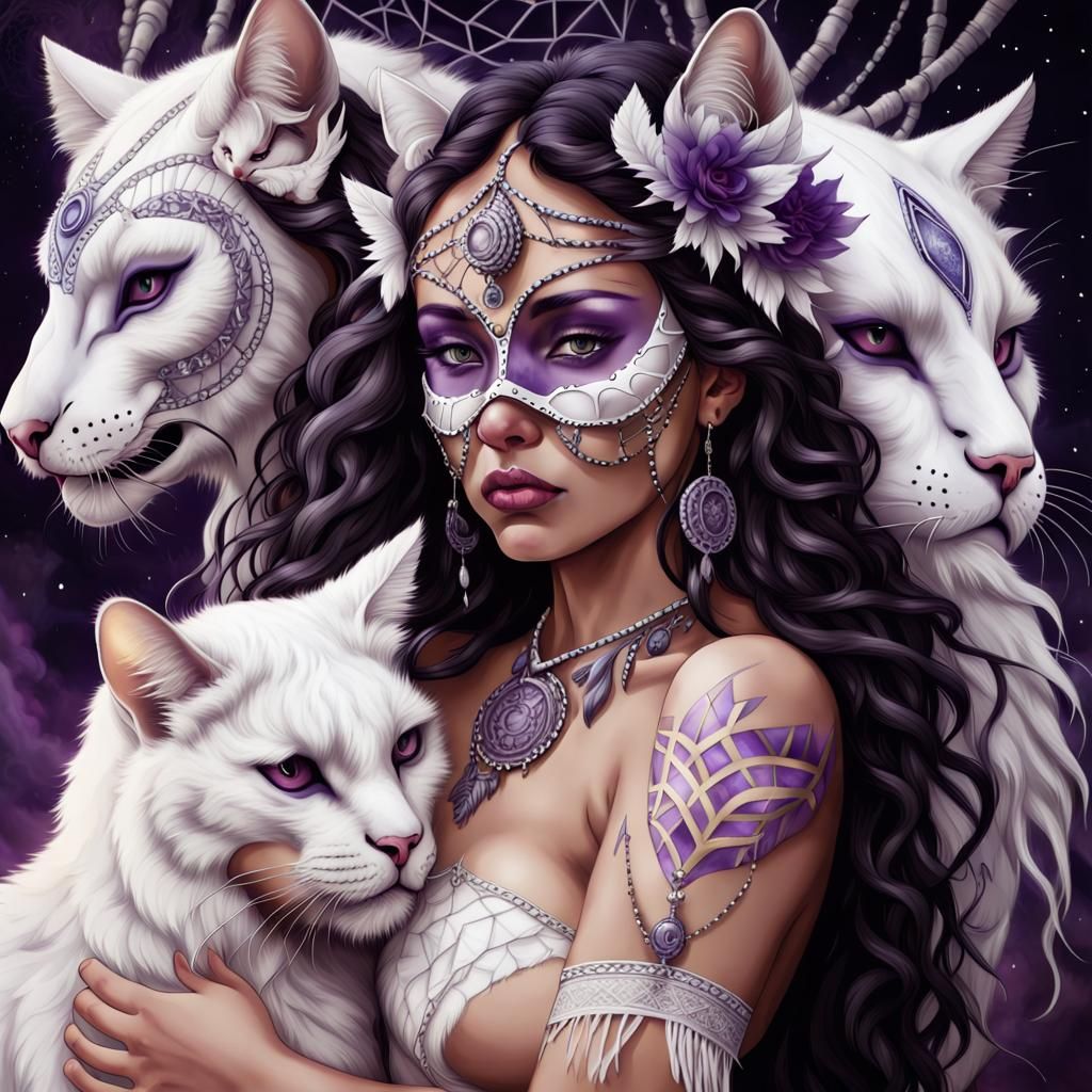 White Cat Cuddles Woman on Alien Planet